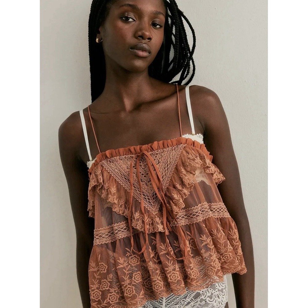 NWOT Free People Sofia Lace Ruffle Top Babydoll Peach Coquette Boho Sheer Sz M